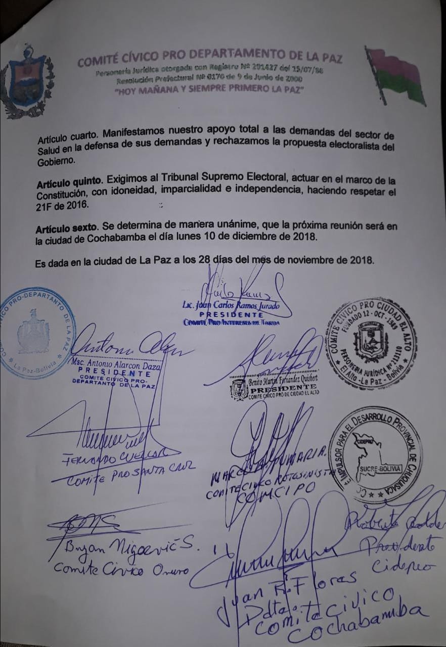 Comités Cívicos repudian la inscripción de Morales-Linera y ratifican paro nacional