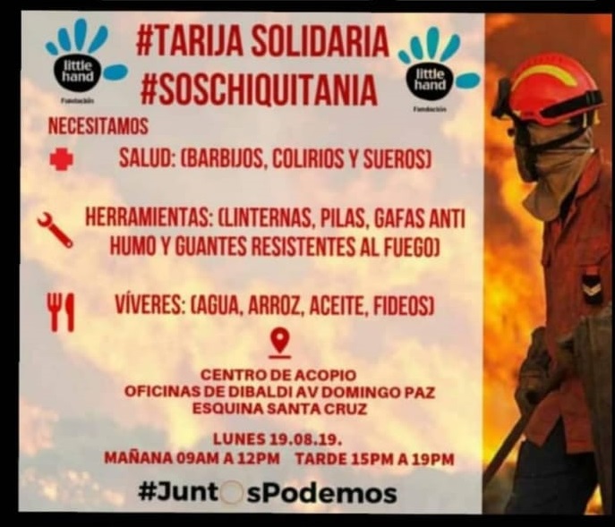 Instalan puntos de acopio en Tarija para ayudar en los incendios de Santa Cruz