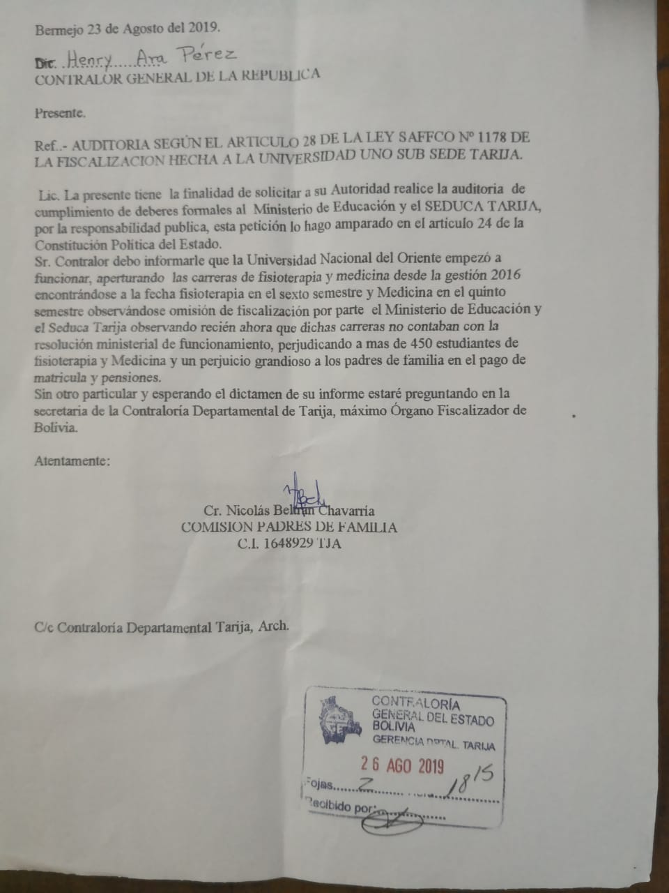 Padres de familia de la UNO solicitan auditar al Ministerio de Educación y Seduca Tarija