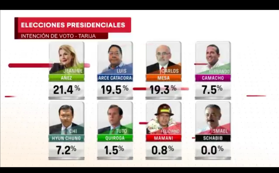 Encuesta de intención de voto: Arce Catacora 31.6%; Mesa 17.1% y Áñez 16.5%