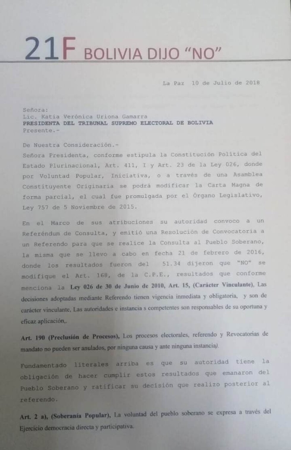 Activistas del 21F exigen al TSE que se pronuncie sobre la "No repostulación" de Evo