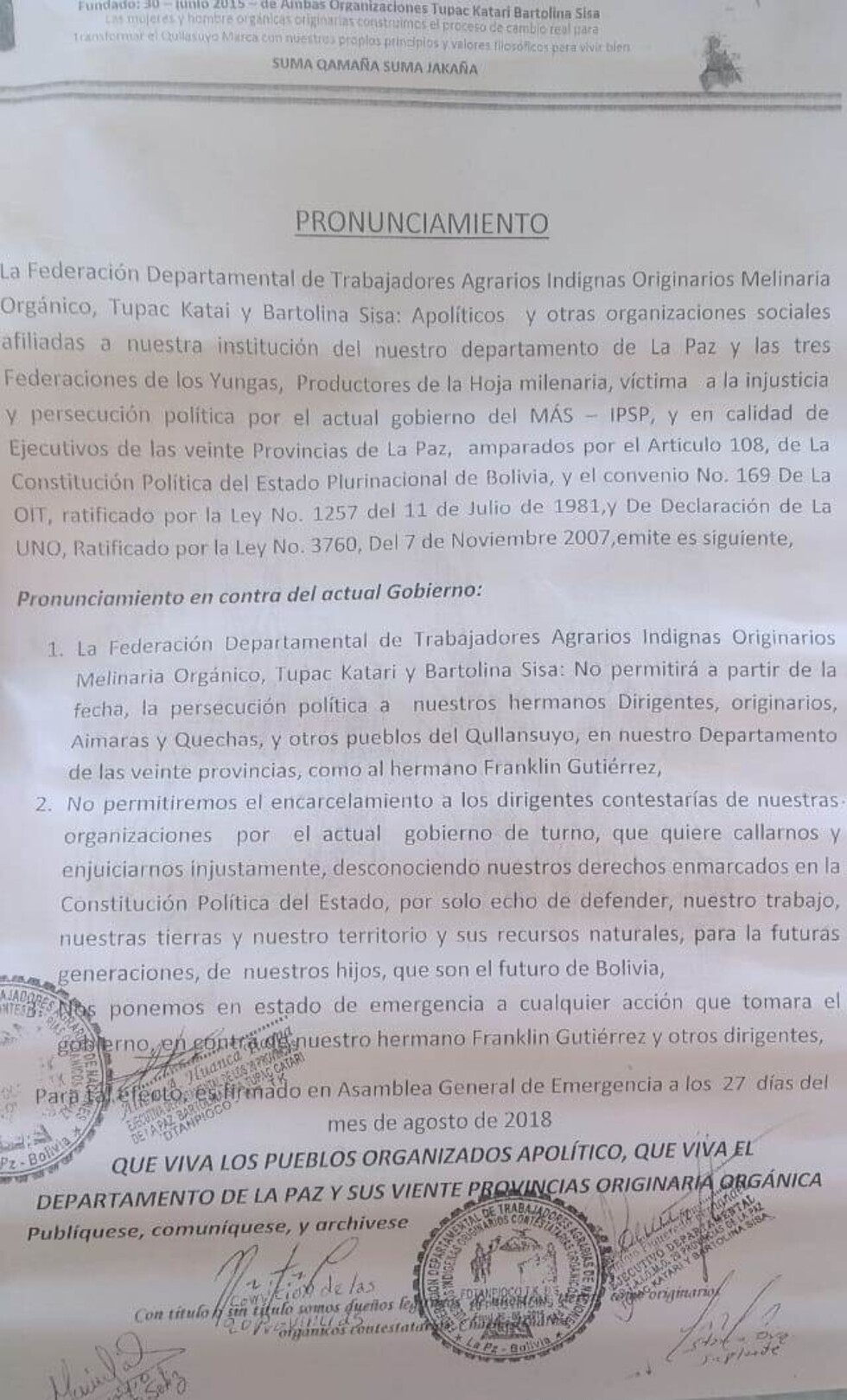 Adepcoca anuncia masiva marcha para el jueves si Gutiérrez no es liberado