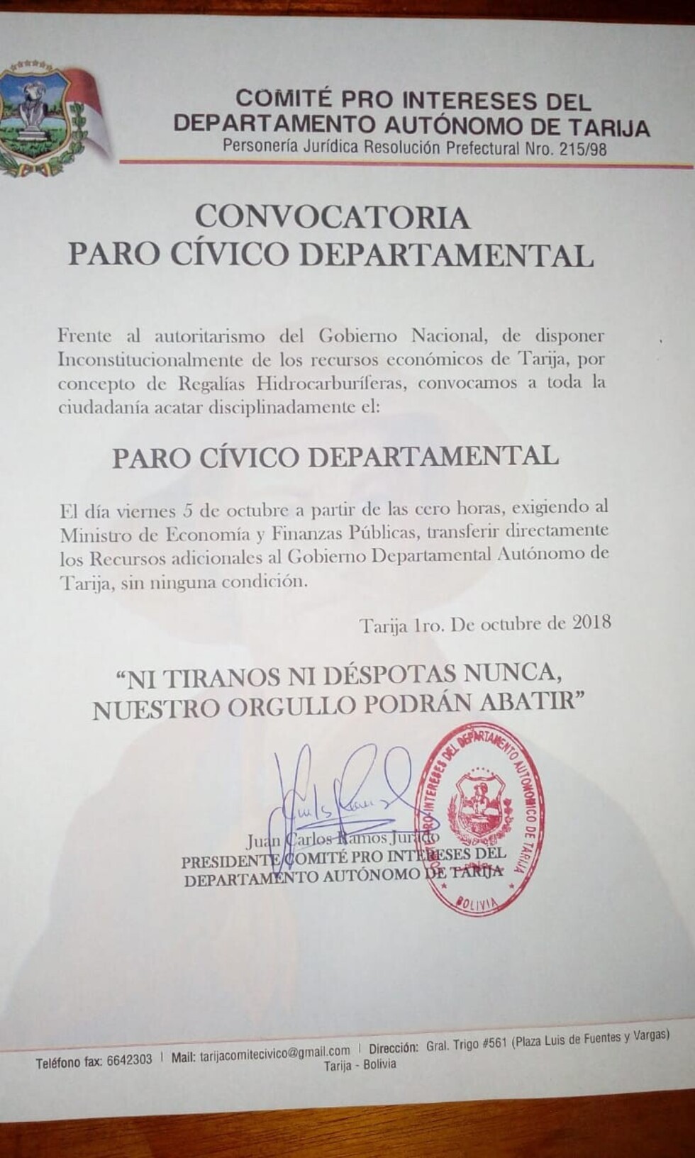 Confirman Paro Cívico en Tarija para este viernes
