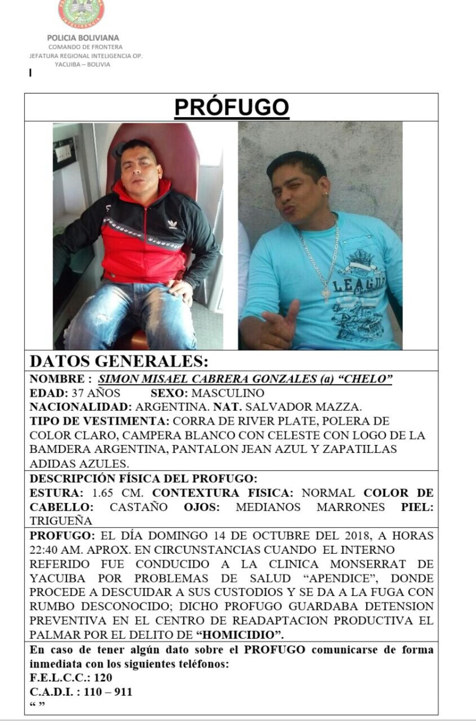 Privado de libertad escapó de una clínica en Yacuiba