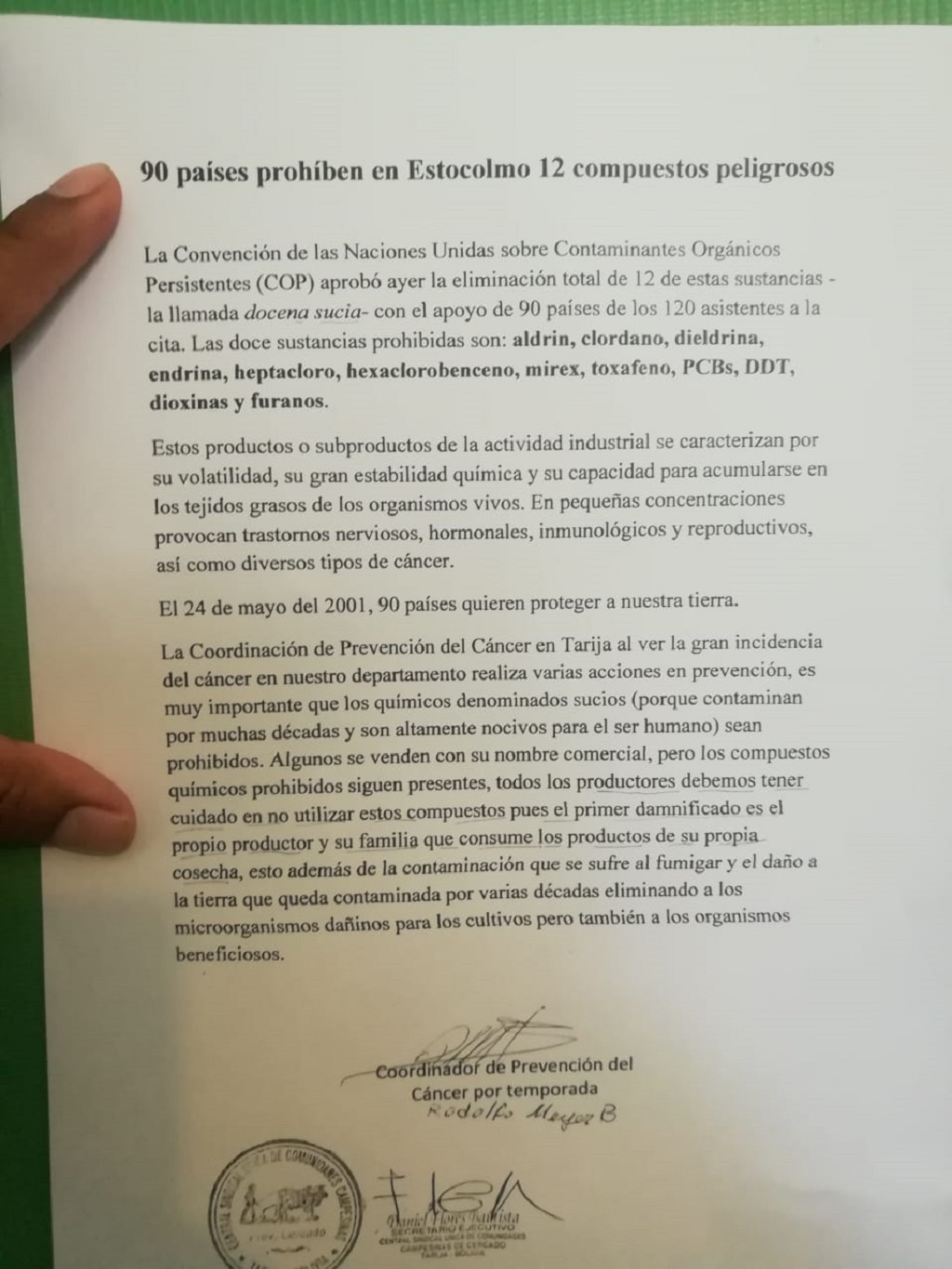 Policía Departamental y Federación de Campesinos firma acuerdo para evitar el uso de agroquímicos