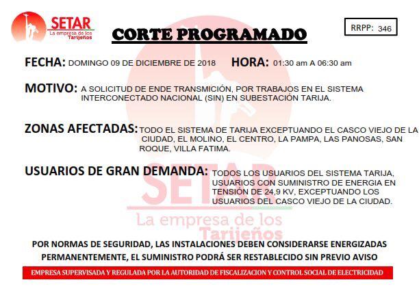 La Empresa Nacional de Electricidad realizará un corte general de energía en Tarija
