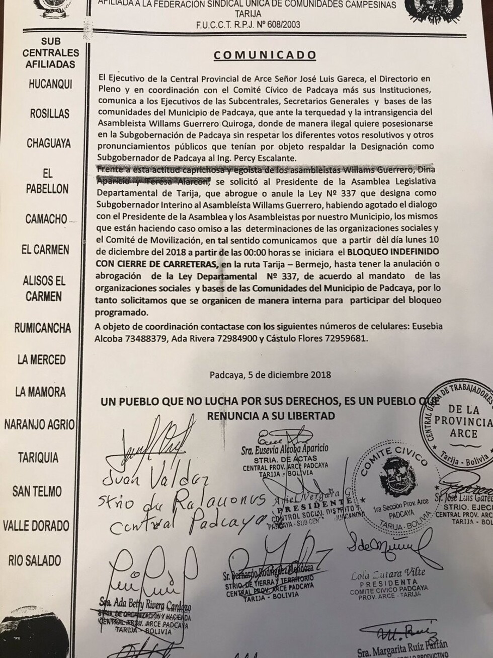 Padcaya iniciará un bloqueo indefinido desde el lunes          