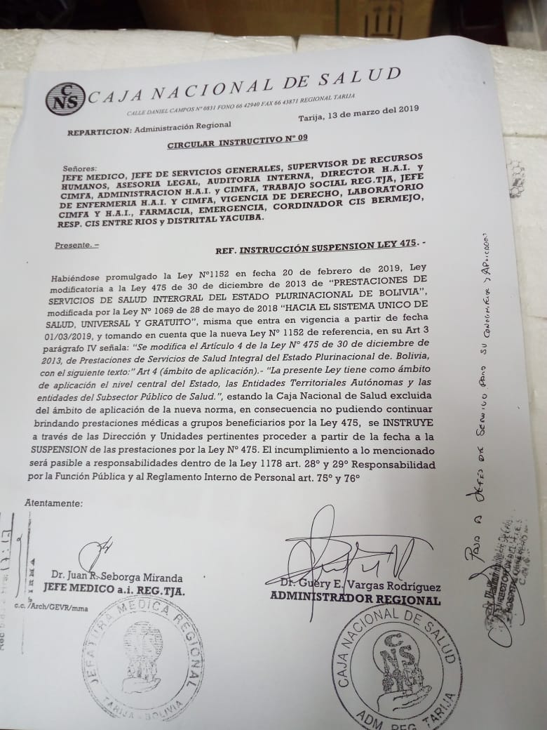 La CNS ya no atenderá a usuarios de la Ley 475