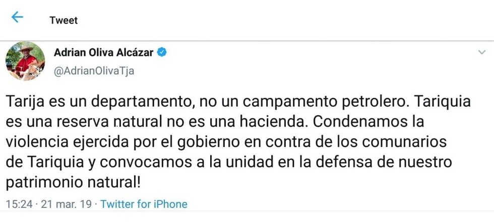 Oliva rechaza intervención violenta en Tariquía y convoca a la defensa del Patrimonio