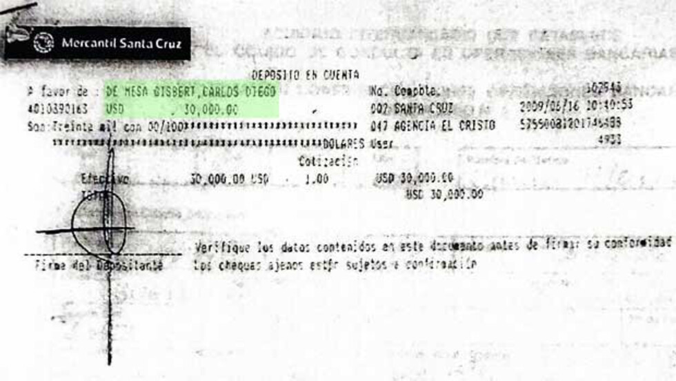 Rivero revela que Medina depositó $us30 mil a Mesa