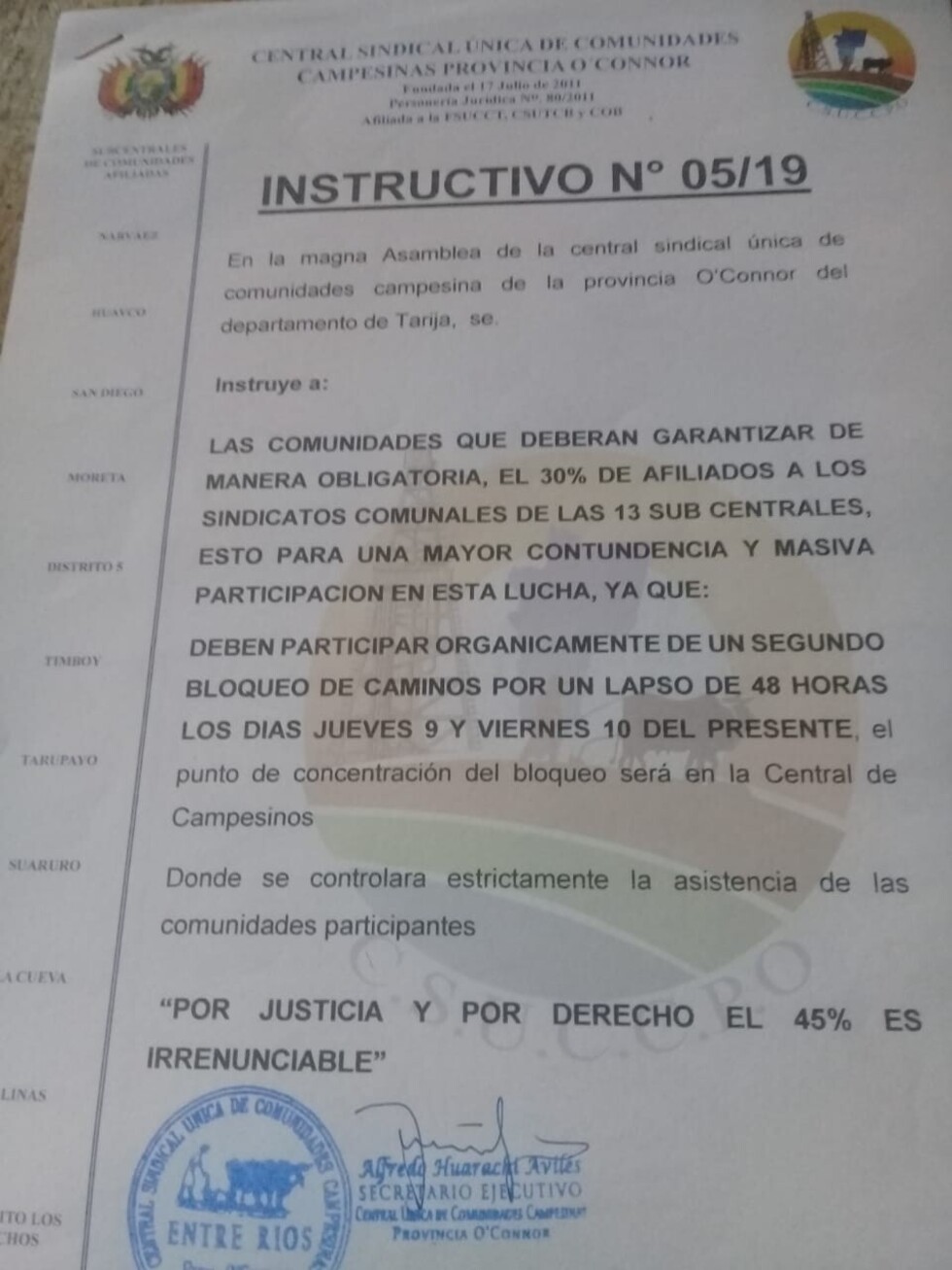 Vega afirma que Ley del 45% se tratará el jueves, municipios productores anuncian paro cívico para ese día