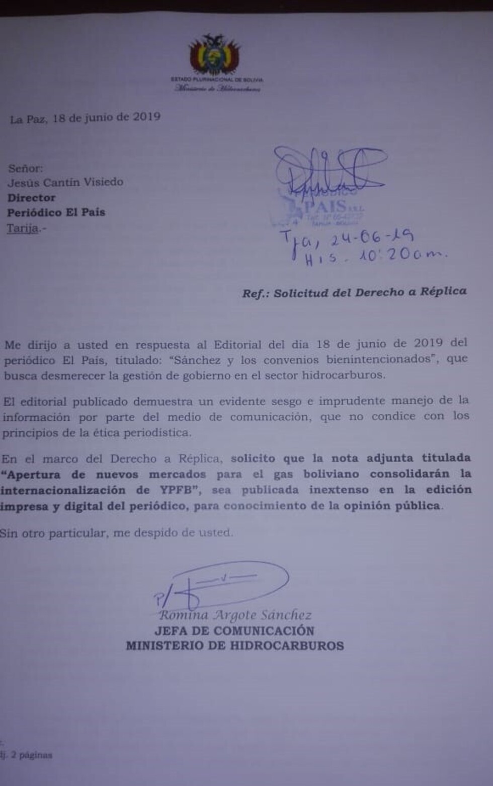 Al Ministerio de Hidrocarburos no le gusta un editorial de El País