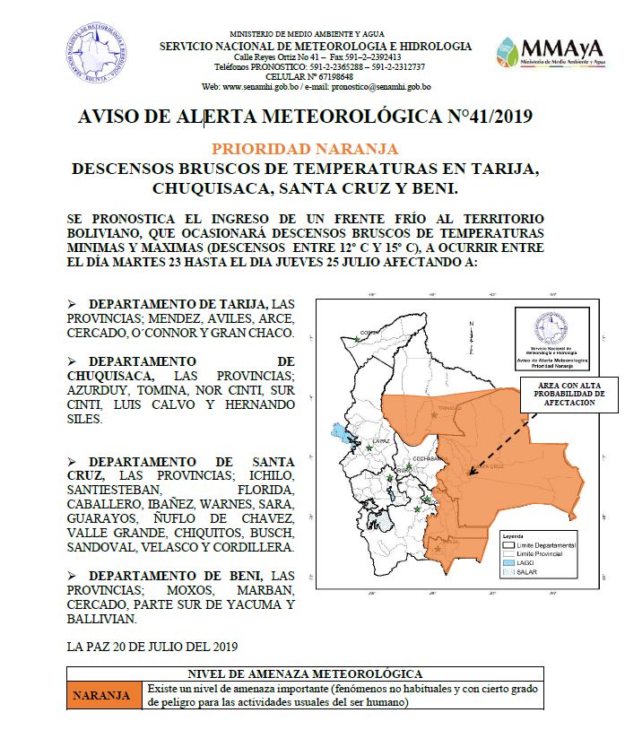 Temperatura bajará hasta 3 grados bajo cero en Tarija