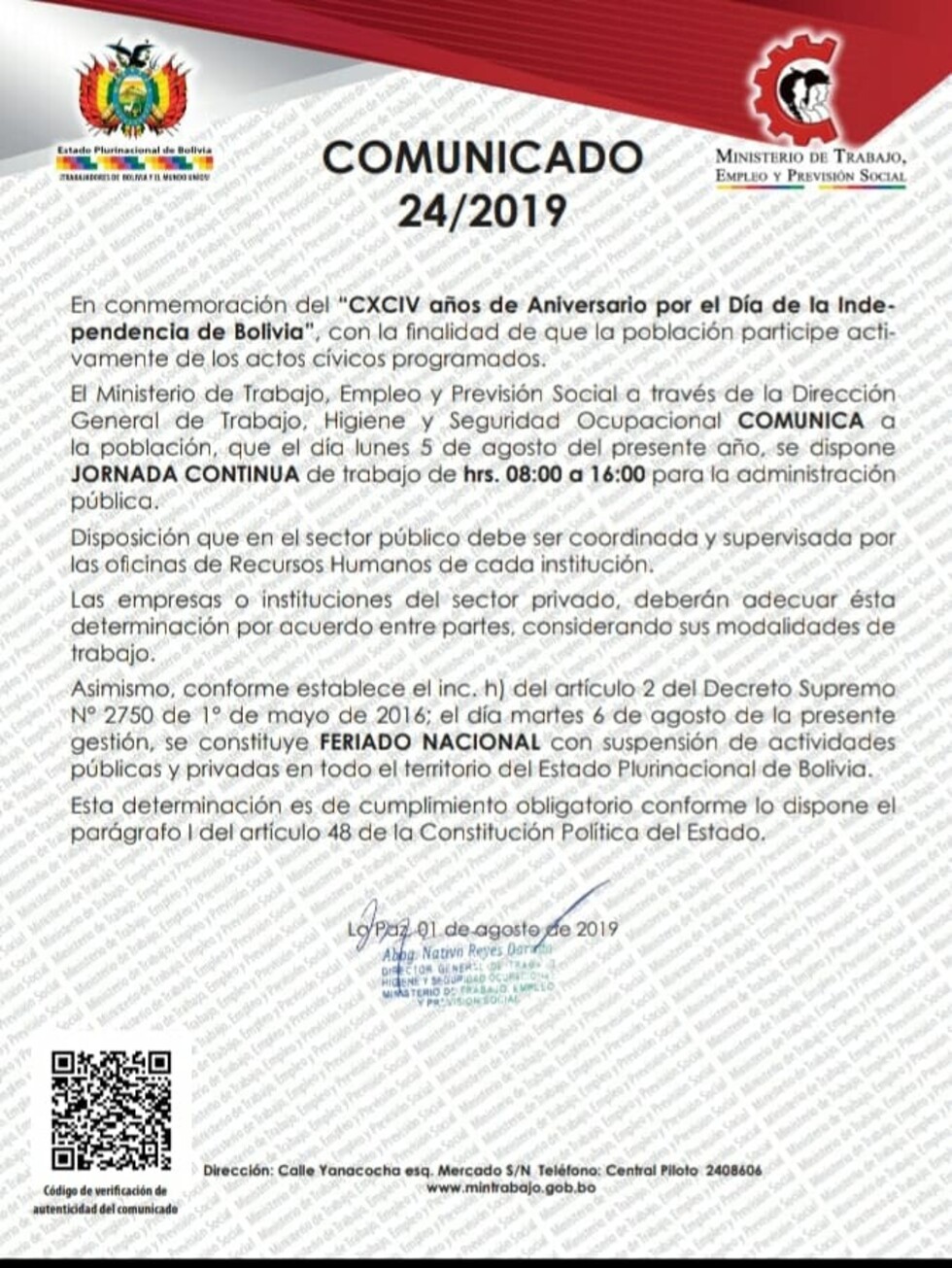 Ministerio de Trabajo confirma horario continuo para el lunes y feriado nacional para el martes