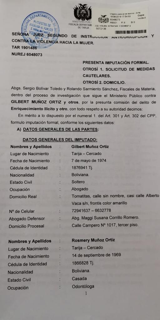 Fiscalía de Tarija presenta imputación formal contra Gilbert Muñoz