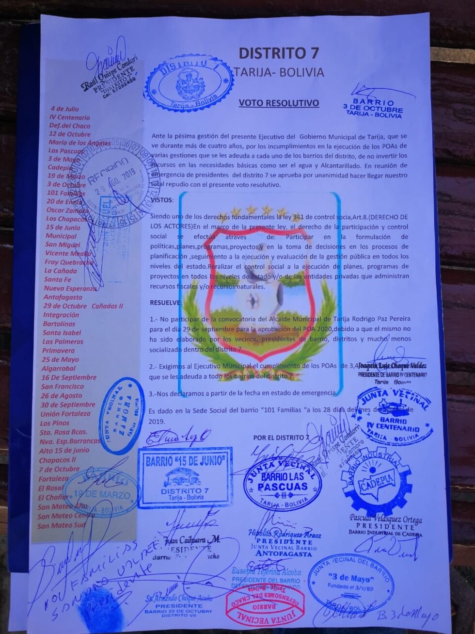 Distrito 7 exige al Municipio de Tarija cumplir con POA 2015-2019
