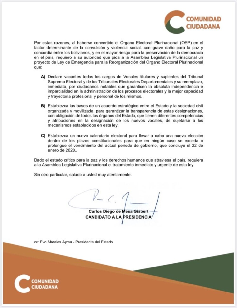 Mesa propone ley de emergencia para reorganización del OEP