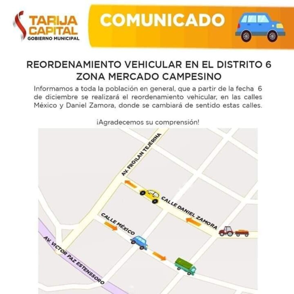 Tarija: Cambiarán sentido de circulación de dos calles en la zona del Campesino
