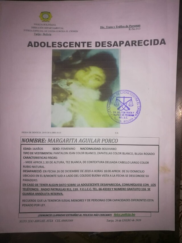Adolescente desaparecida hace 28 días en Tarija