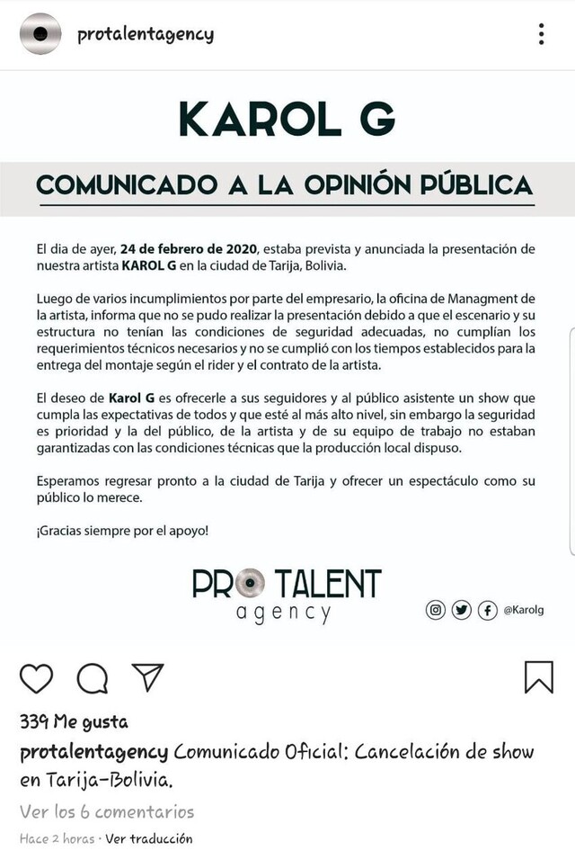 Noise señala que factores ajenos impideron que Karol G llegara a Tarija; la agencia de la artista dice lo contrario