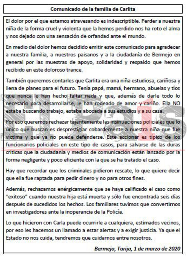 Familia de Carla: "Tuvimos que convertirnos en investigadores ante la inoperancia de la Policía"