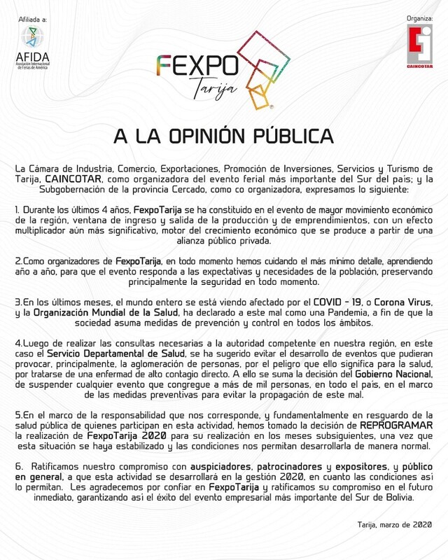 Reprogramarán la Fexpo Tarija 2020