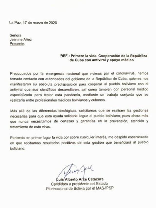 Arce Catacora envía carta a Áñez pidiendo acepte medicamento cubano para combatir Coronavirus