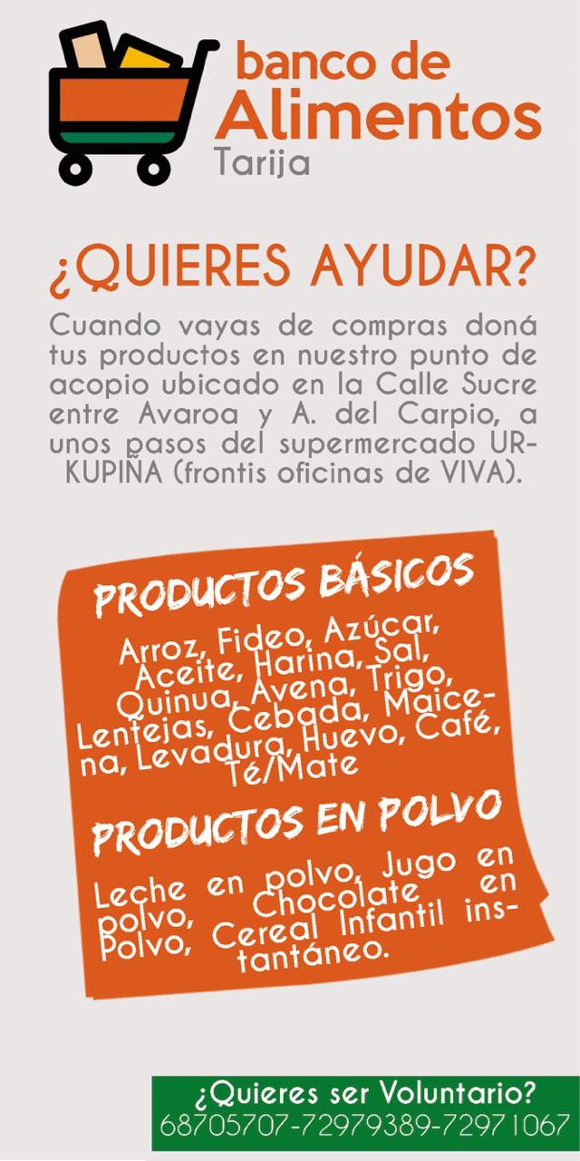 Banco de Alimento Tarija pretende llegar a personas que no recibirán bonos