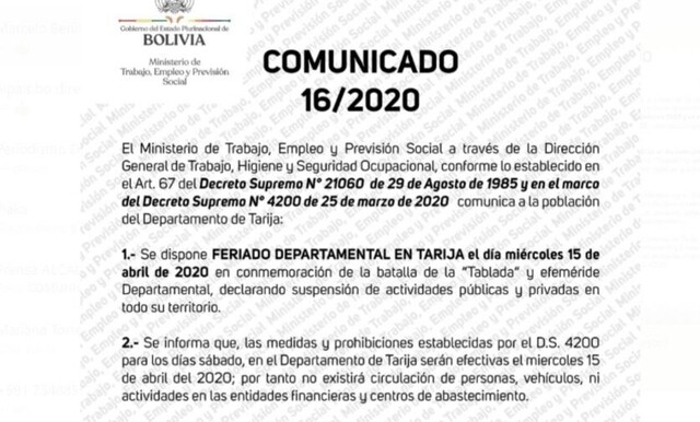 Por disposición nacional, el 15 de abril será feriado en Tarija