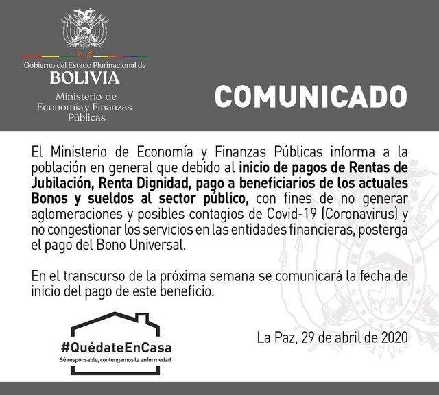 Gobierno posterga pago de Bono Universal