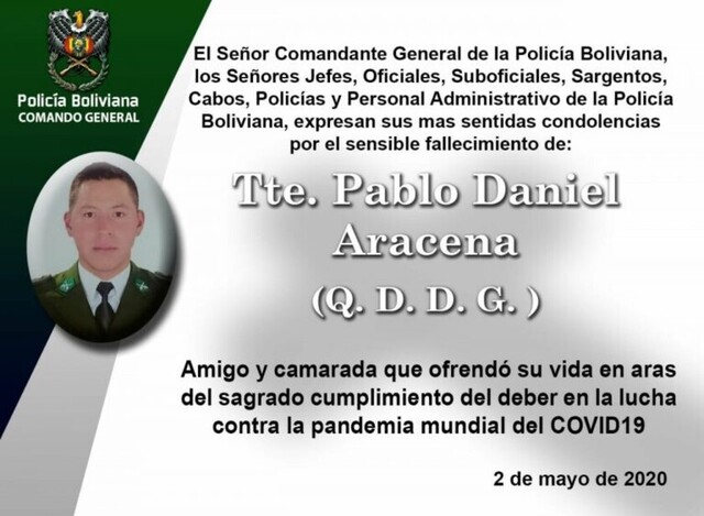 Muere segundo policía por Covid-19 en Bolivia