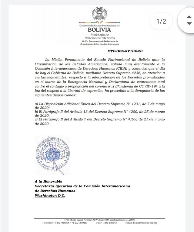 Gobierno deroga decreto que restringía difusión de información en Bolivia