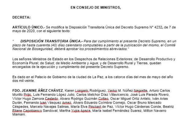 Áñez da 40 días más para aprobar uso de transgénicos