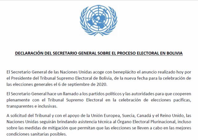 ONU recibe con beneplácito acuerdo electoral sobre elecciones en Bolivia