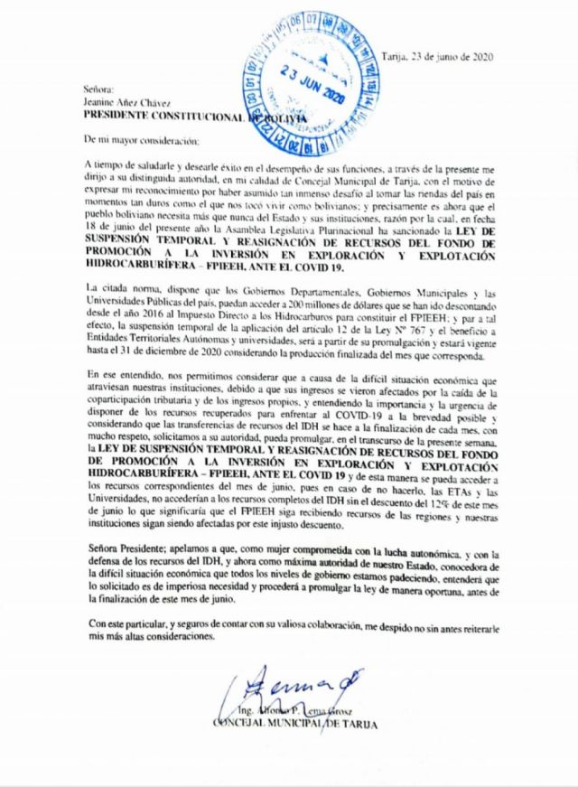 Piden a Áñez promulgar Ley del 12% antes de julio