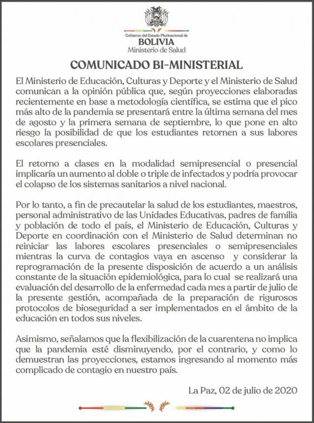 Ministerios de Educación y Salud descartan retorno a clases presenciales en septiembre