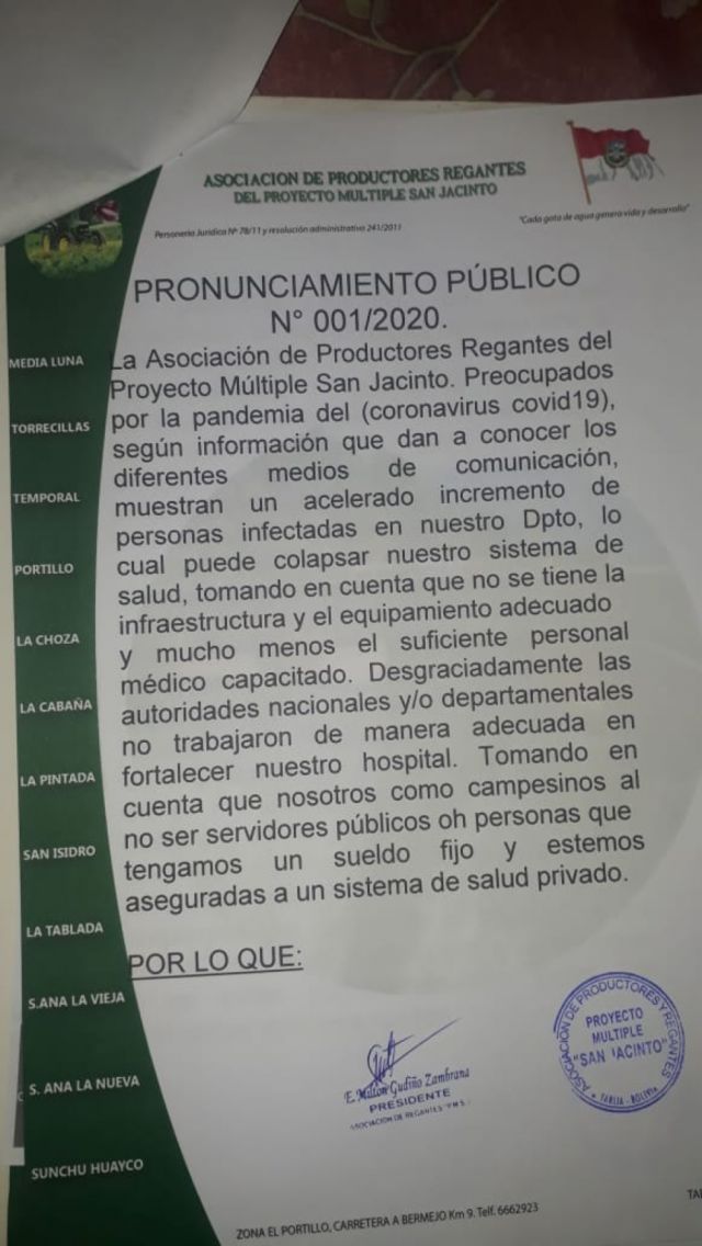 Comunarios de Tablada Sud y San Jacinto postergan medidas de presión