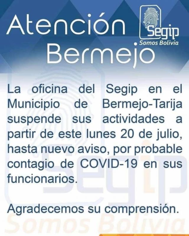 Segip Bermejo suspende actividades por contagio de trabajadores