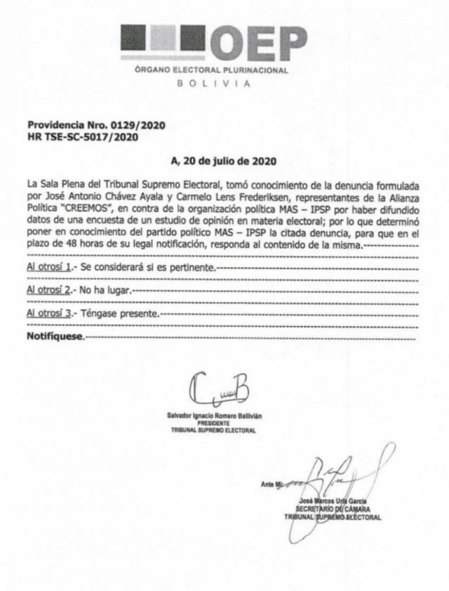 TSE admite denuncia y da 48 horas al MAS para que se defienda