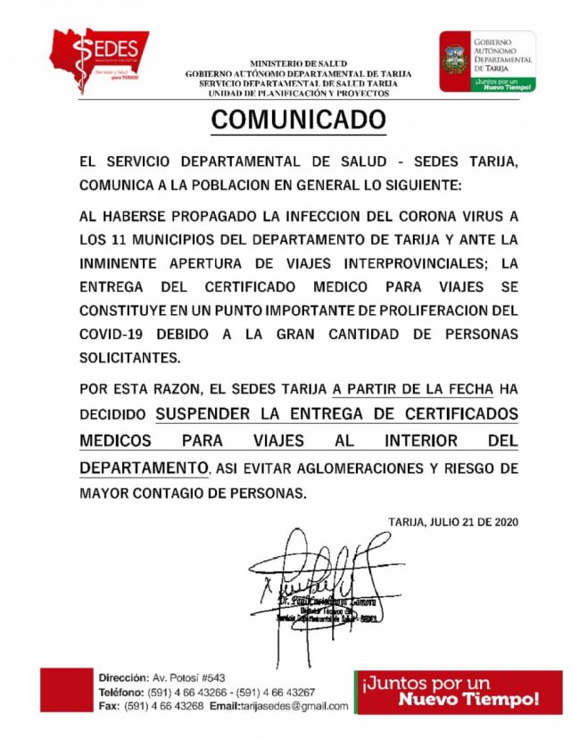 Tarija: Sedes suspende entrega de certificados médicos para viajes al interior del departamento