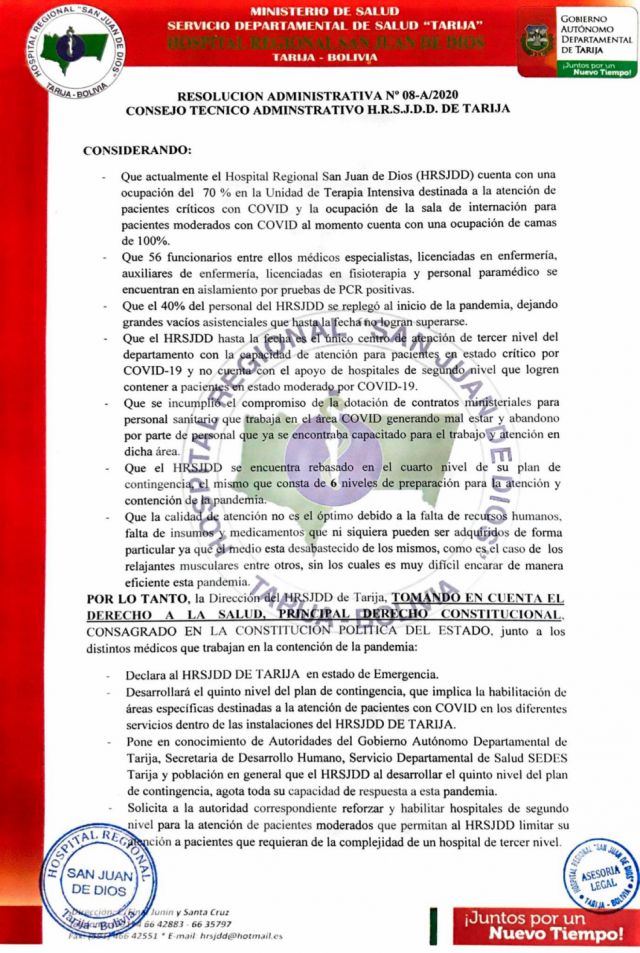 HRSJD de Tarija en emergencia, agotará su última estrategia de respuesta contra el Covid