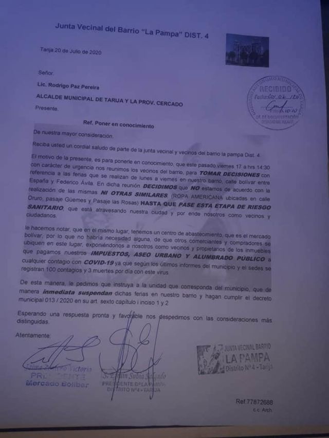 Carta dirigida a la Alcaldía