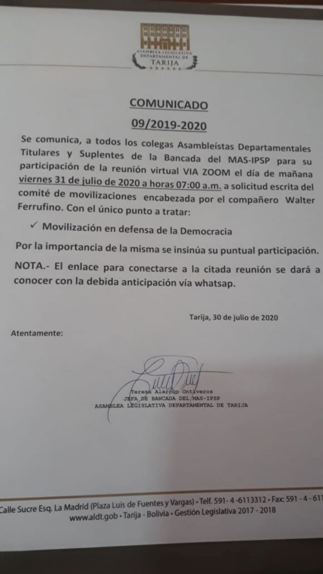 Ferrufino utiliza a la Asamblea para convocar una marcha del MAS
