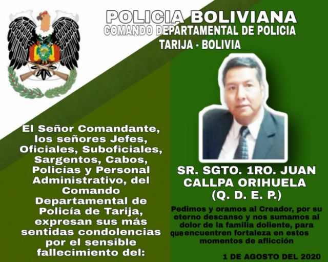 Policía lamenta la muerte de Juan Callpa, el primer deceso de la institución verde oliva de Tarija