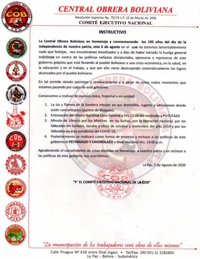 COB recibirá el 6 de agosto con "petardazo y cacelorazo"