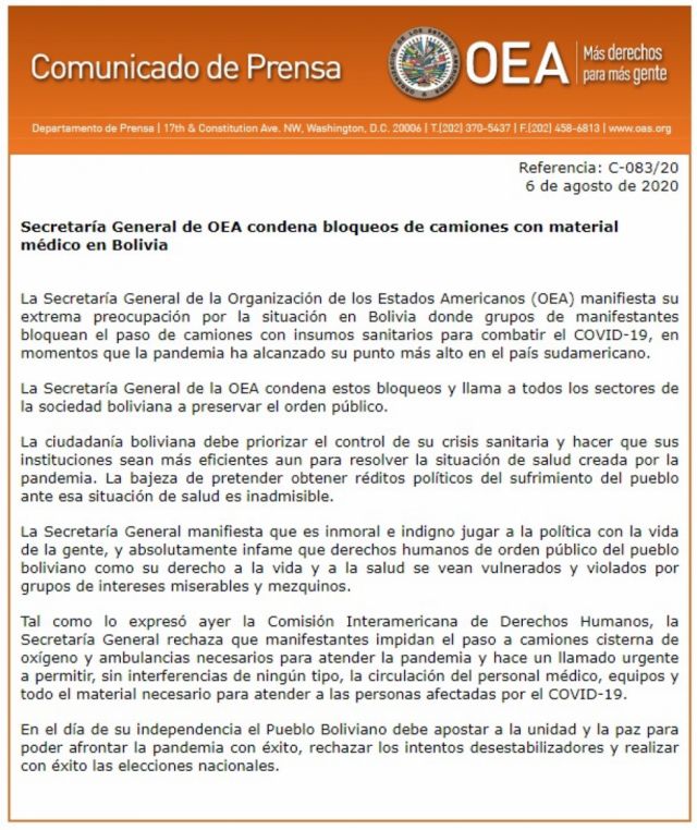 OEA expresa preocupación por bloqueos en Bolivia