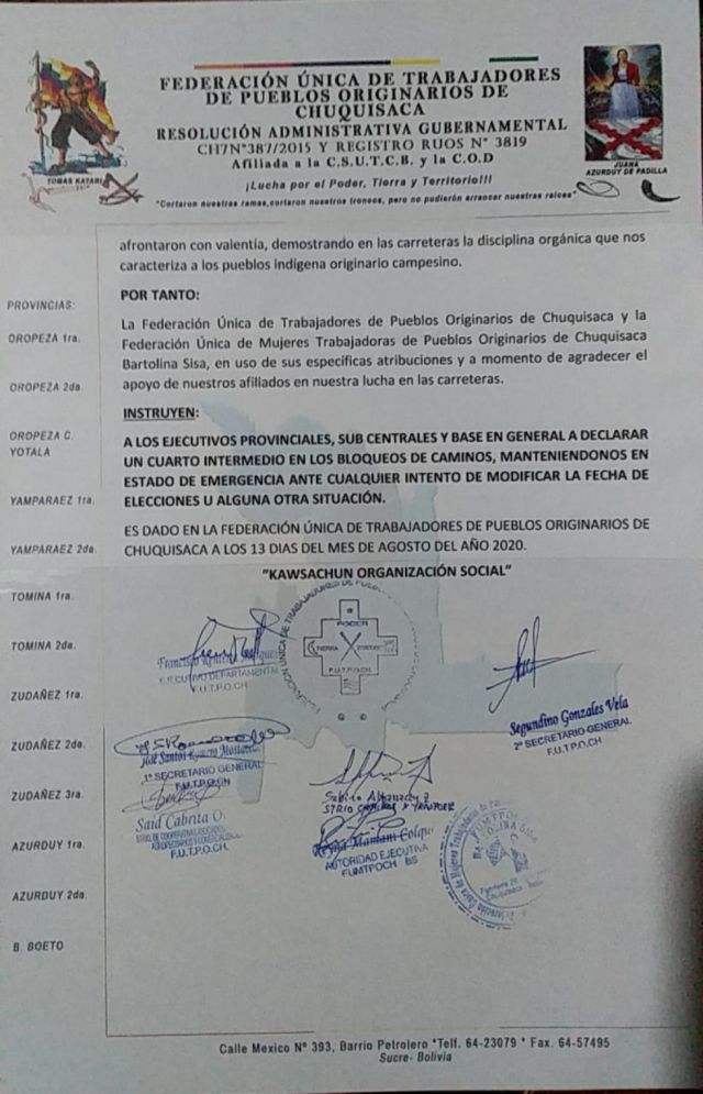 Pueblos Originarios de Chuquisaca instruye a sus bases declarar cuarto intermedio en bloqueo de caminos
