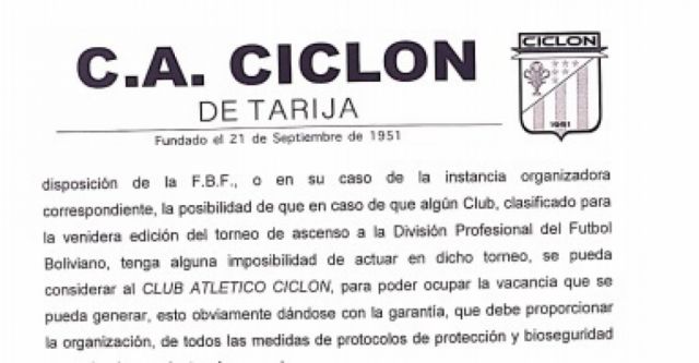La carta de Ciclón expresando su intención de jugar Simón Bolívar