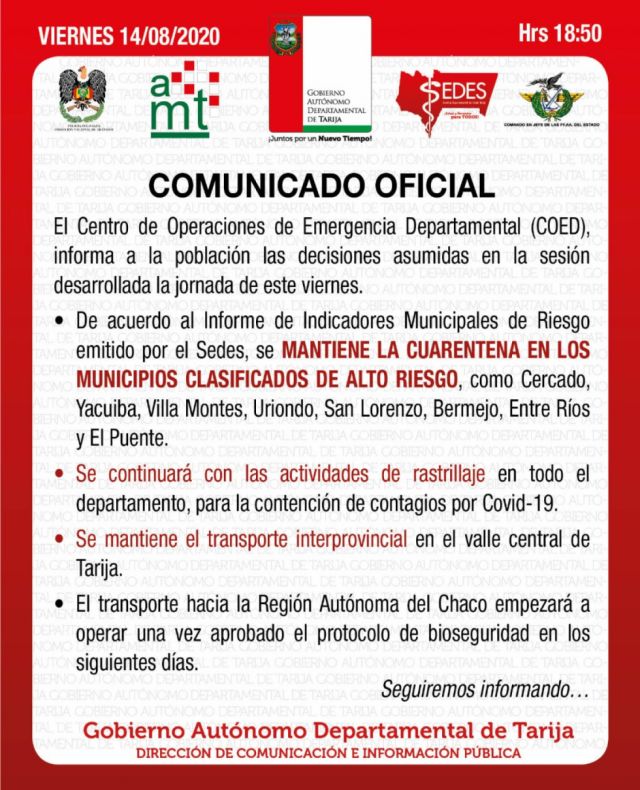 COED Tarija determina reinicio del transporte al Chaco previa aprobación de protocolos 