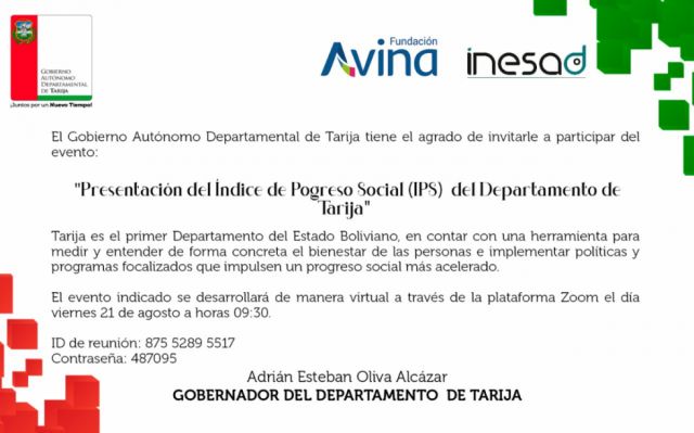 Gobernación de Tarija realizará la presentación del Índice de Progreso Social del departamento